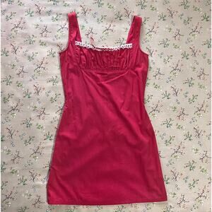 Japna Milkmaid Smocked Mini Dress Ruched Bust Lace Ribbon Bow Red M Coquette
